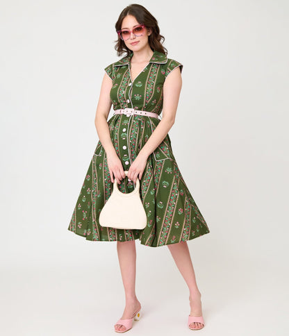 Unique Vintage Green Floral Stripe Shirt Swing Dress