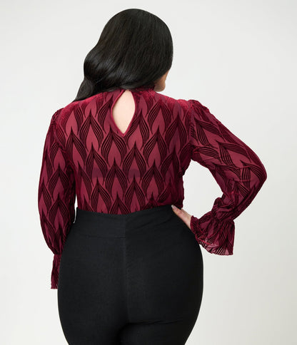 Unique Vintage Plus Size Burgundy Leaf Velvet Burnout Donna Blouse