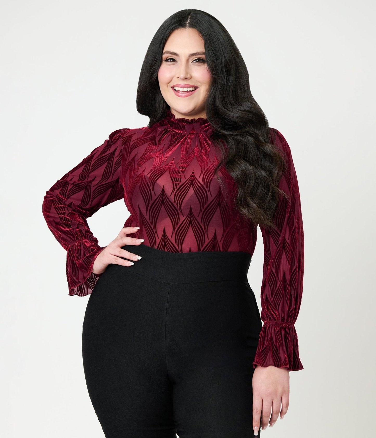 Unique Vintage Plus Size Burgundy Leaf Velvet Burnout Donna Blouse