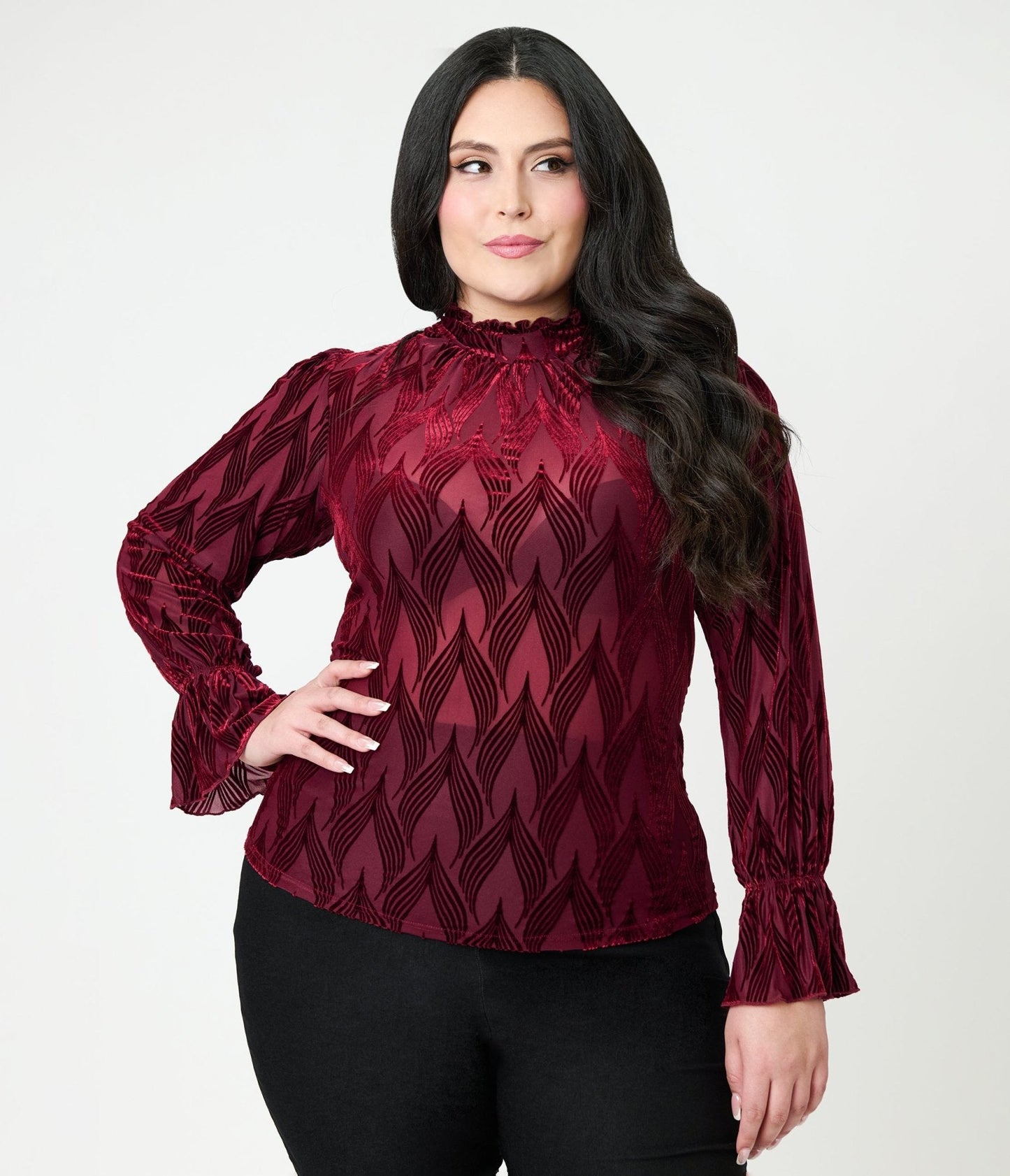 Unique Vintage Plus Size Burgundy Leaf Velvet Burnout Donna Blouse