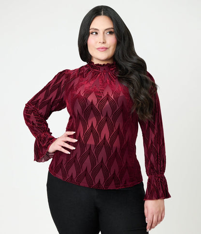 Unique Vintage Plus Size Burgundy Leaf Velvet Burnout Donna Blouse