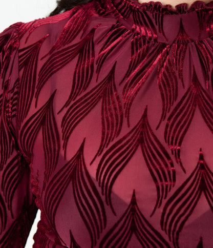 Unique Vintage Plus Size Burgundy Leaf Velvet Burnout Donna Blouse