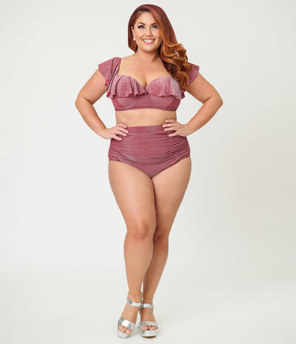 Unique Vintage Plus Size Burgundy Lurex Monroe High Waist Bikini Bottom