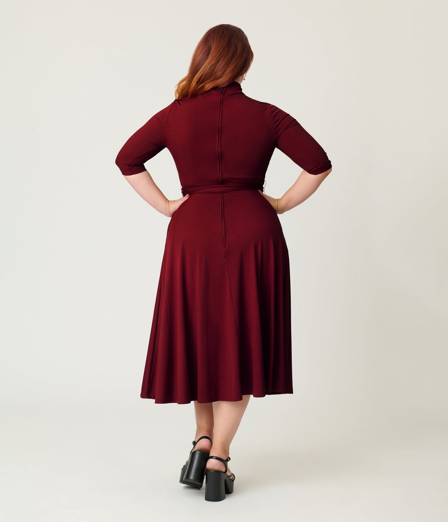 Unique Vintage Plus Size Burgundy Turtleneck Midi Dress