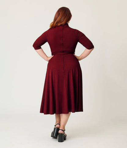 Unique Vintage Plus Size Burgundy Turtleneck Midi Dress