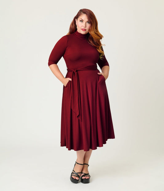 Unique Vintage Plus Size Burgundy Turtleneck Midi Dress