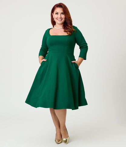 Unique Vintage Plus Size Green Square Neck Swing Dress