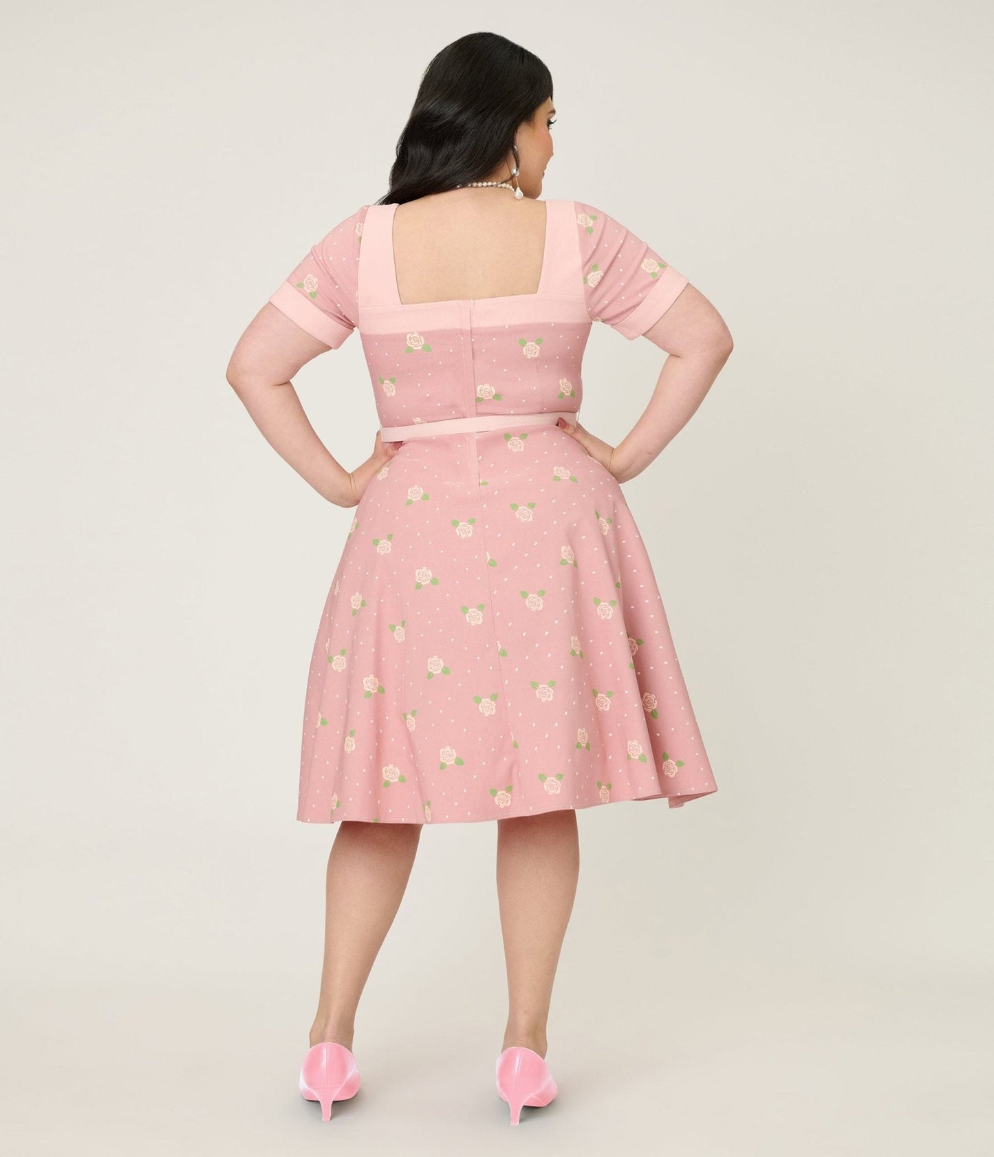 Unique Vintage Plus Size Light Pink & Roses Swing Dress
