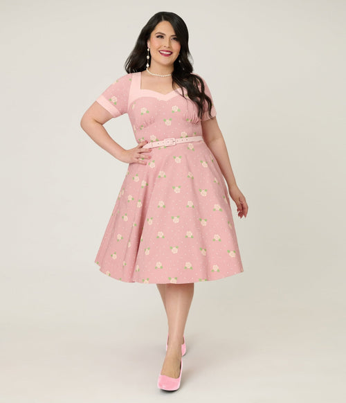 Unique Vintage Plus Size Light Pink & Roses Swing Dress