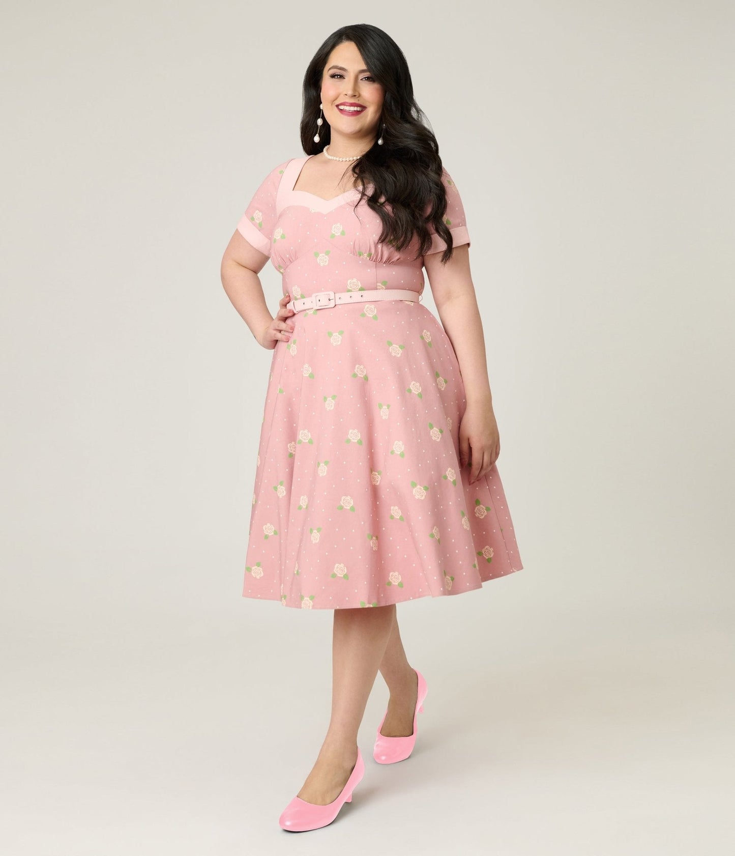 Unique Vintage Plus Size Light Pink & Roses Swing Dress