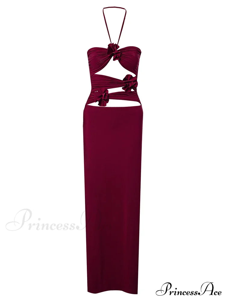 Women Sexy Halter Hollow Out Y2K Off Shoulder Backless Slim 3D Flowers Vestidos Night Party Clubwear